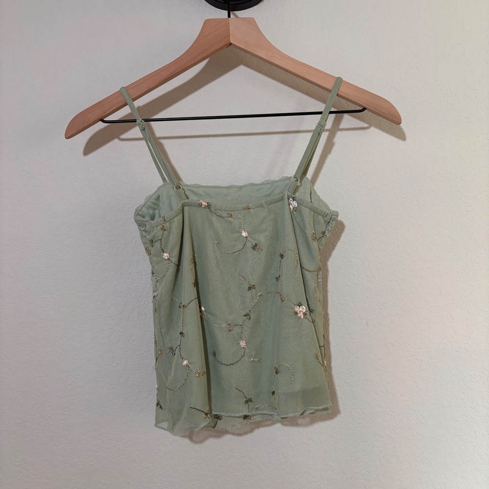Thirty Thirty LA Sage Green Floral Embroidered Mesh Lace Trim Camisole Top XS - Picture 2 of 5